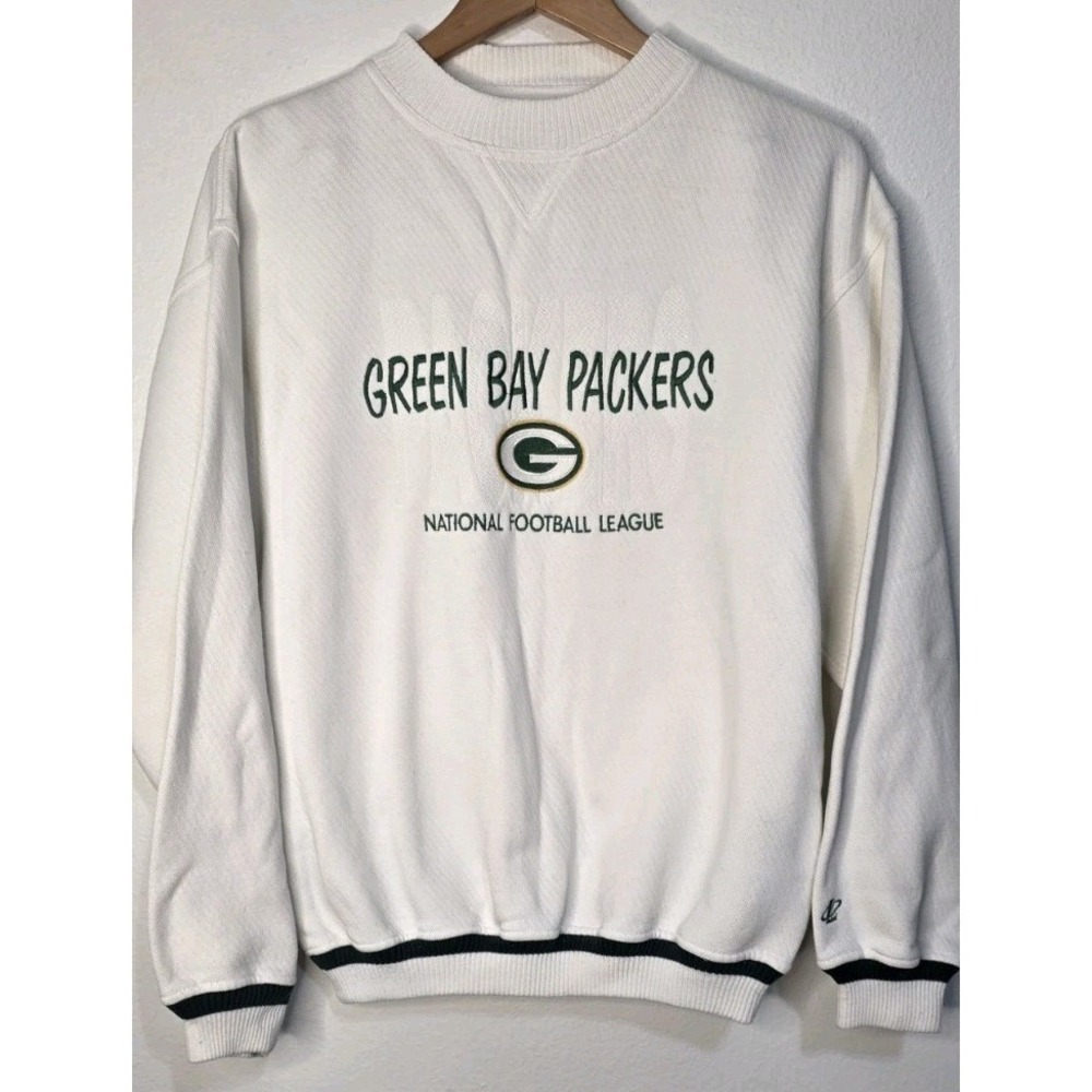 Vintage Green Bay Packers NFL Team Logo Athletic Crewneck Ivory‎ Football Sz M